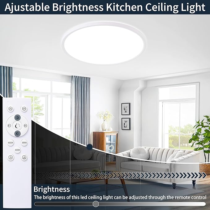 MOONSEA 16 Inch LED Flush Mount Ceiling Light, 36W Modern Round Ceiling Light with Remote Control, Dimmable 3000K-6500K Adjustable, Slim Flat Panel Lights for Kitchen Dining Room, White