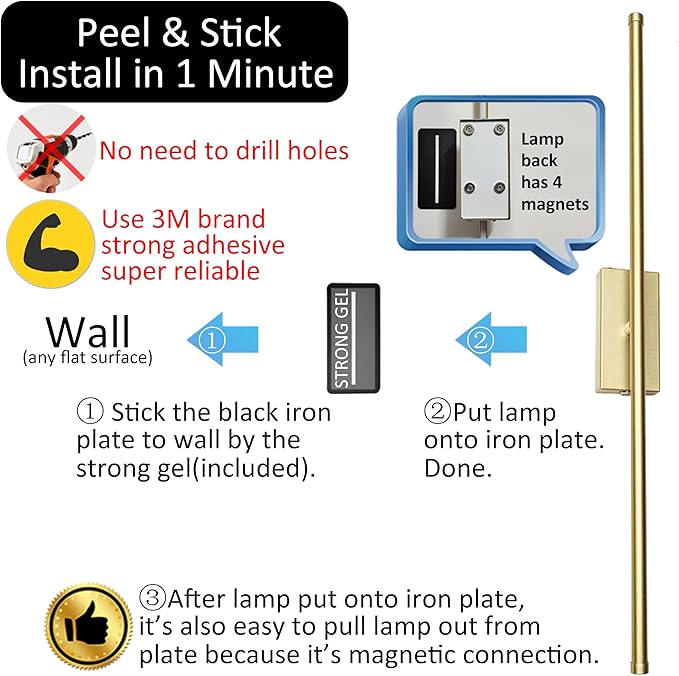 Set of 2 Battery Powered Linear Tube Rechargeable Gold Wall Sconce, Modern Decor Peel and Stick on Cordless Wall Sconces Picture Vanity Light for Living Dinning Room, Bathroom (2 Pack, 28.3'', Gold)