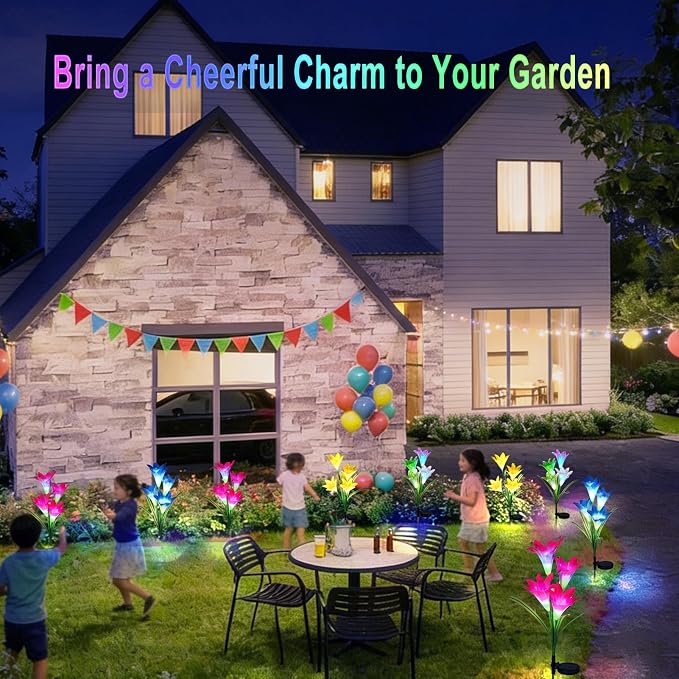 4 Pack Color Changing Solar Lights Outdoor Lily Flower Stake Lights | Auto ON/Off,Outdoor Waterproof,Solar Garden Lights for Lawn Pathway Landscape Garden Gifts for Mom Women Grandma