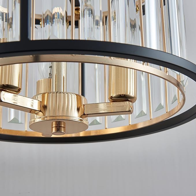 AGV LIGHTING CL005BB K9 Crystal Semi Flush Mount Ceiling Light Fixture, Modern Design, E12 Base 3-Lights, D13 x H15, Shinny Gold & Matte Black Finish Metal Frame