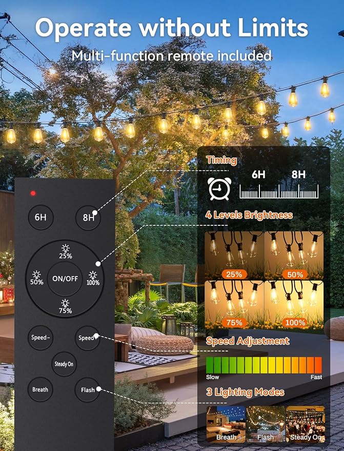 Brightever 60FT Solar String Lights Outdoor Waterproof, Patio Lights Solar Powered with Remote, 25+1 Shatterproof ST38 LED Bulbs 3 Lighting Modes, Dimmable Solar Lights for House, Market, Bistro