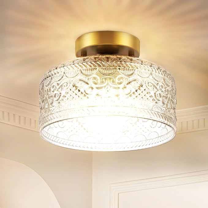 Semi Flush Mount Ceiling Light Gold, Upgraded Larger Vintage Glass Pendant Lamp Shade, Modern Farmhouse Light Fixture for Hallway Corridor Kitchen Entryway Bedroom, Bulb Not Included