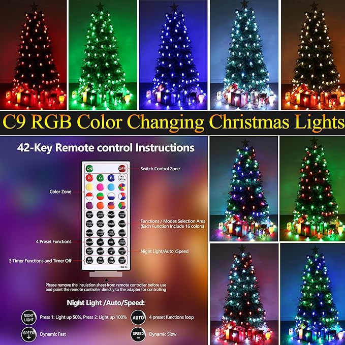 iBaycon RGB C9 Christmas Lights, 65FT Color Changing String Lights, Connectable Remote Control Waterproof Outdoor, C9 String Light for Xmas Tree House Eaves Roof Christmas Holiday Decor