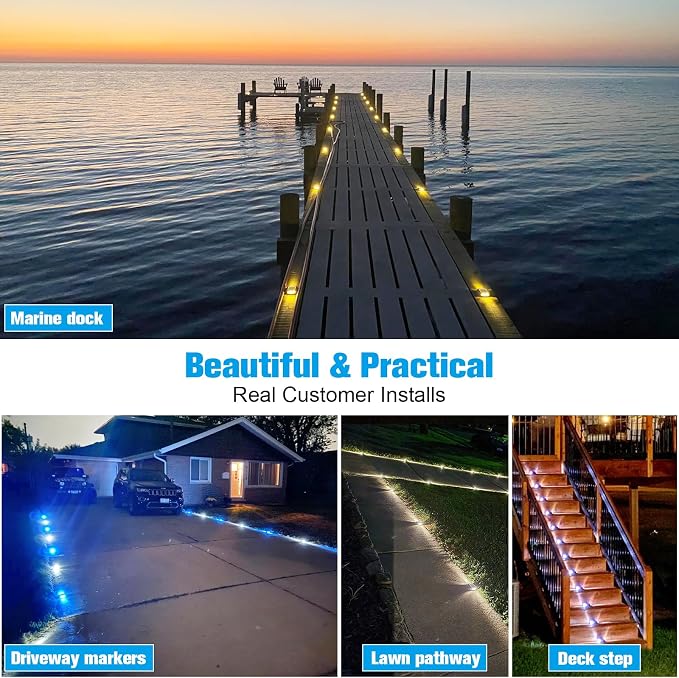VOLISUN Solar Driveway Lights Dock Deck Lights 4-Pack,2 Colors in 1,LED Solar Powered Waterproof Outdoor Warning Step Light for Driveway Sidewalk Pathway (White/Warm White),Auto On/Off