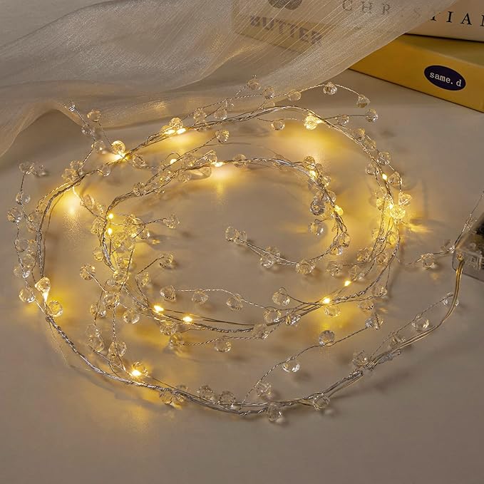 AdasBridal Diamond Beads String Fairy Lights Battery Operated - Clear Acrylic Crystal Bead Strand 20 Led String Lights 3.94 Ft for Christmas Tree Hanging Wedding Centerpiece Party Decorations, 2 Pack