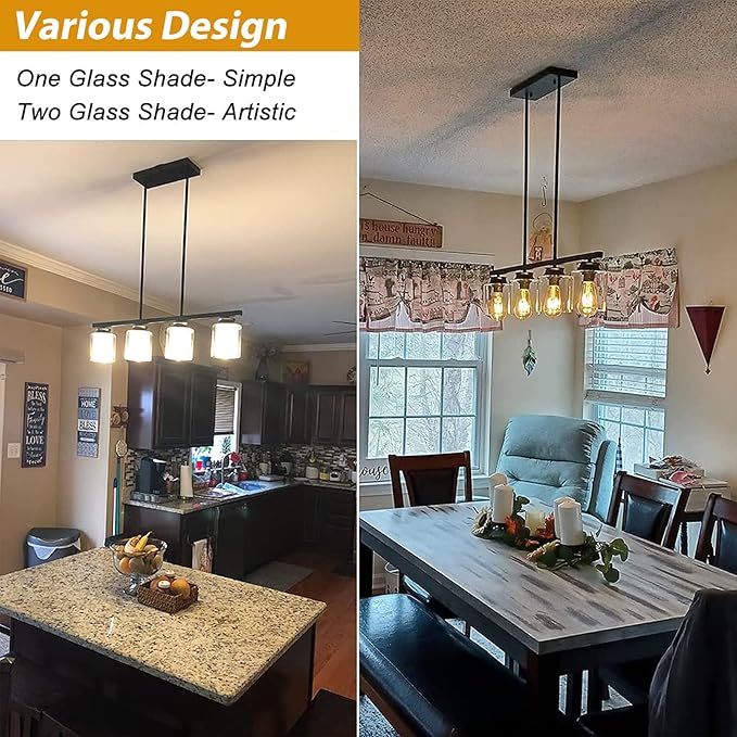DLLT Kitchen Island Pendant Light Fixture, 4 Lights Metal Farmhouse Chandeliers, Vintage Flush Mount Ceiling Hanging Lighting with Glass Shade for Dining Room, Foyer, Restaurant, Bar, E26 Base