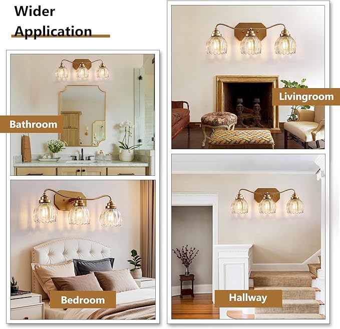 Vintage Bathroom Light Fixtures, Gold Bathroom Vanity Light, Matte Antique Brass Finish with Crystal Glass Shade, Wall Sconces Lighting for Bedroom, Living Room, Hallway (Gold, 3-Light)