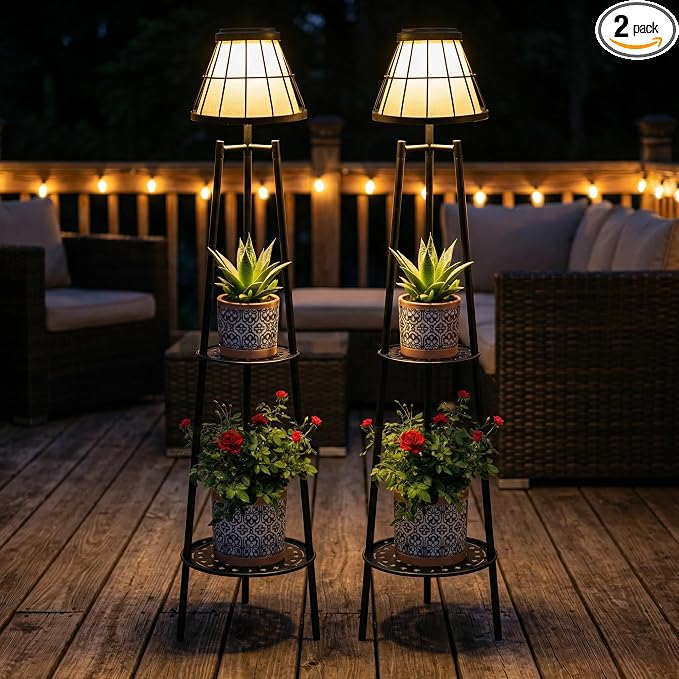 2 Pack Solar Floor Lamps Outdoor with 2-Tier Plant Stand, Metal Tall Planter Holder with Waterproof LED Lantern, Decorative Patio Light & Flower Pot Display Rack for Garden, Deck, Porch, Balcony