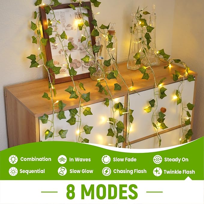 KASZOO 33FT 100 LED Ivy Vine Lights - PVC Plug in Leaf String Lights with Remote & Timer, Pre-Wrapped Garland for Bedroom Wall Garden Decor