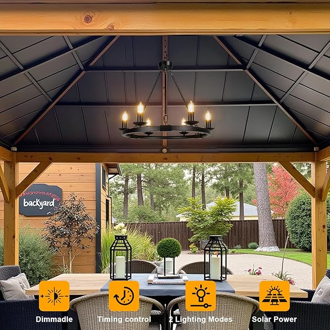Solar Outdoor Chandelier, 6-Light 19" Chandelier Outdoor Waterproof Dimmable Hanging Pendant Lights, Farmhouse Style for Gazebo, Porch, Patio, Pergola, Decor Lighting