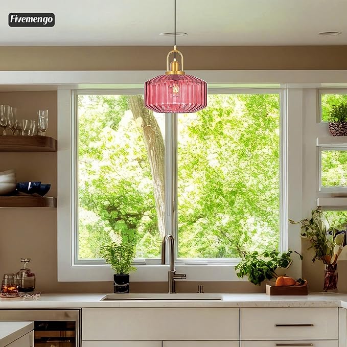 11.8in Mid Century Modern Wine Red Glass Pendant Light Fixture, Large Gold Kitchen Island Pendants Light Glass Ceiling Hanging Lamp for Foyer Dining Room Bedroom Entryway Hallway Over Sink