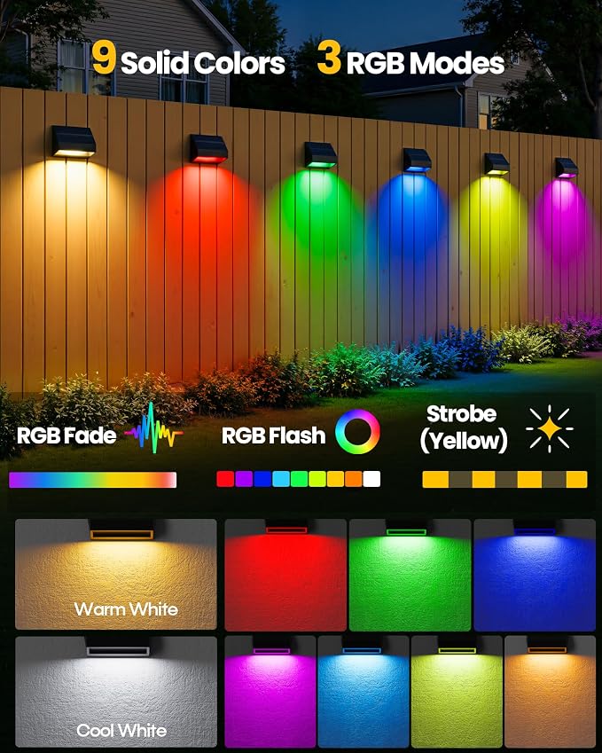 Bridika 4 Pack Solar Fence Lights, 100 Lumen Ultra Bright with Remote Control, 9 Colors & 3 Modes, 1500mAh Solar Lights Outdoor, IP65 Waterproof Solar Wall Lights for Backyard, Patio, Deck, Garden