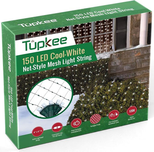 Christmas Light Net – 150 LED Cool-White Mesh Lights - 4 ft x 6 ft – Outdoor/Indoor – Net Lights for Bushes, Hedges or Trees
