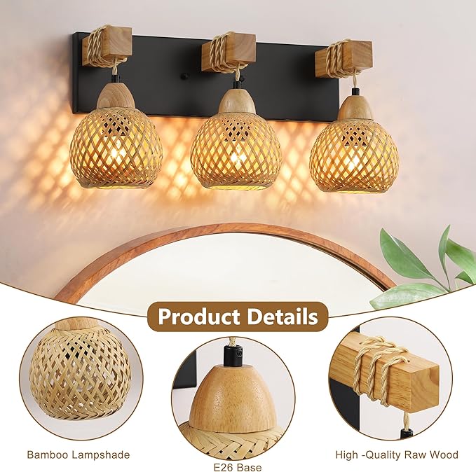 LmnLvn Farmhouse Bathroom Light Fixture, 3-Light Boho Vanity Light, Bamboo Bathroom Light Fixture Over Mirror Rustic Vanity Lighting with Handmade Bamboo Shades, Suit for Restroom, Bedroom, Hallway