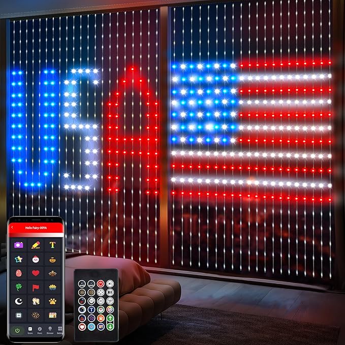 LumBelle Smart Curtain Lights 6.6x6.6Ft, 400 LED Curtain Light APP Remote Control Music Sync Dynamic DIY Lights for Memorial Day 4th of July Independence Day Backdrop Decoration