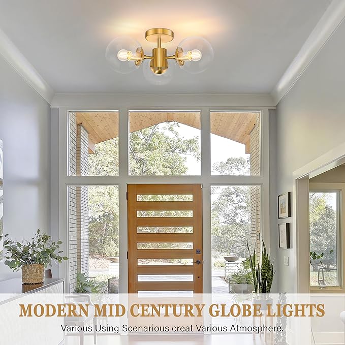 Mid Century 3-Light Clear Globe Glass Gold Chandelier 19 Inch Modern Brass Semi Flush Mount Ceiling Lights Modern Light Fixtures Ceiling Lights Fixture for Bedroom Living Room Hallway Entryway