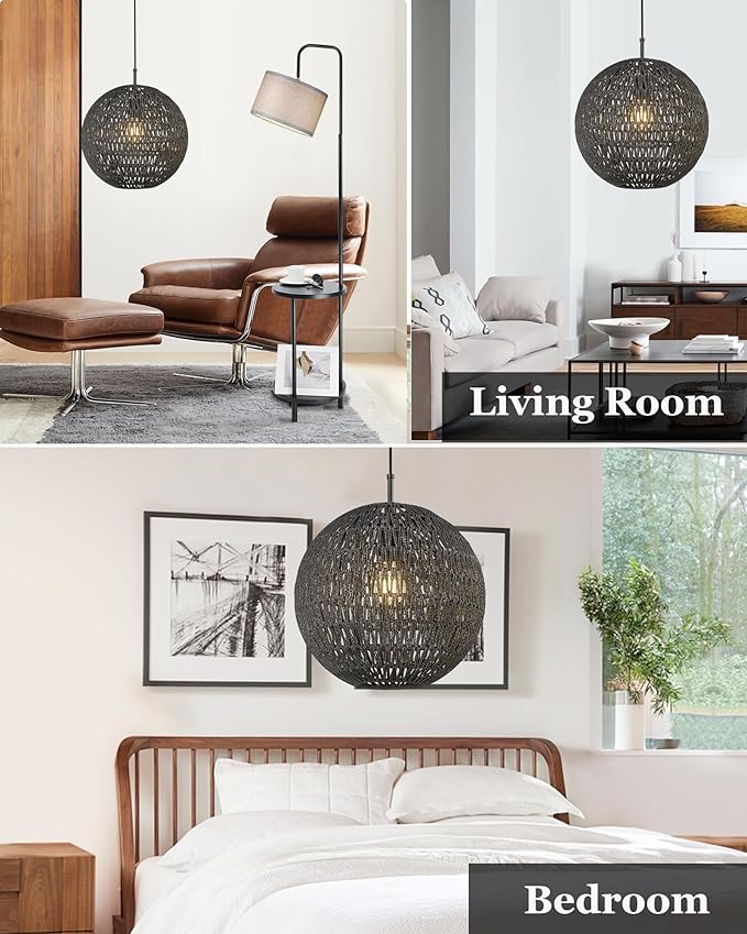 ELYONA Modern Woven Chandelier, 14" Large Boho Rattan Pendant Light Fixtures, Adjustable Globe Wicker Hanging Light for Dining Room Living Room Kitchen Island Farmhouse Foyer Bedroom Hallway, Black