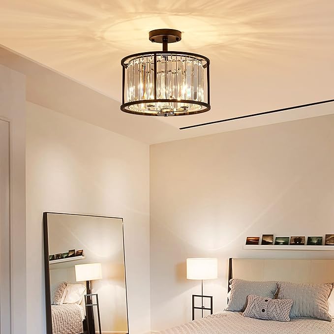 AGV LIGHTING CL005BB K9 Crystal Semi Flush Mount Ceiling Light Fixture, Modern Design, E12 Base 3-Lights, D13 x H15, Chrome & Matte Black Finish Metal Frame