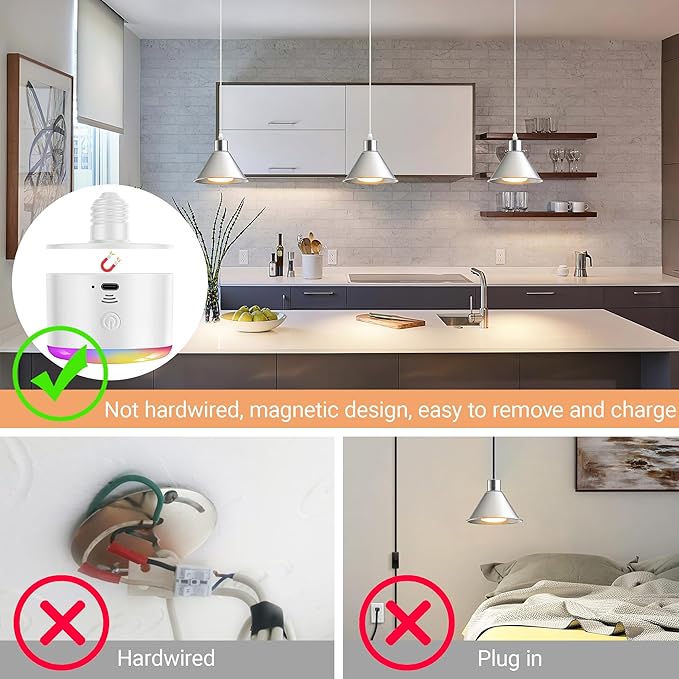 Battery Operated Pendant Light Set of 2, RGB Color Changing Rechargeable Hanging Light with Remote Up to 50 Hours Use, Vintage Pendant Light No Wiring for Bedroom Living Room(Nickel)