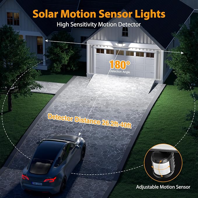 Onforu 4500LM Solar Lights Outdoor, 3 Heads Security Lights with Remote Control, IP65 Waterproof Motion Sensor Lights, 3 Modes Flood Lights for Wall, Porch, Yard, Outside, 2 Pack