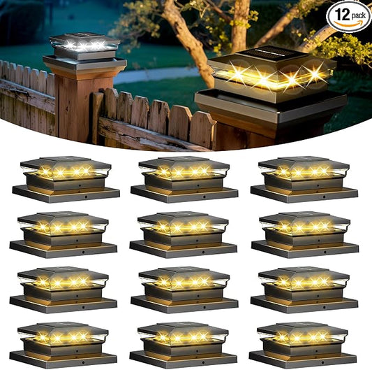 Solar Post Cap Lights 12 Pack, Fence Post Solar Lights, Warm White/Cool White Lighting, Black Waterproof Outdoor Post Lights for Garden Patio Porch, 4x4, 5x5 or 6x6 Vinyl/Wooden Posts