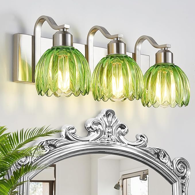 3-Light Vanity Lights with Green Tulip Glass Shade, Brushed Nickel Bathroom Lighting Fixture Over Mirror, Vintage Vanity Wall Sconce Lamp for Kitchen Living Room Hallway