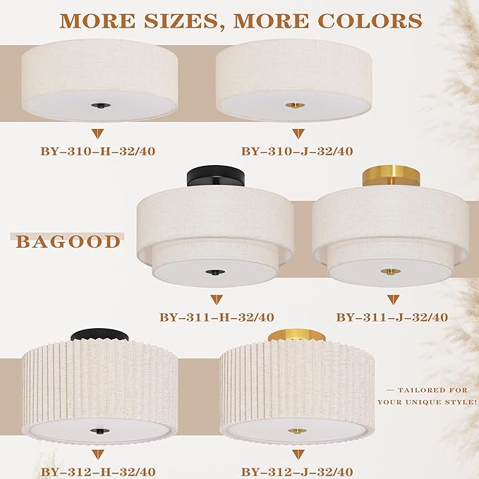 Bagood 16 Inch 3-Light Drum Modern Black Ceiling Light Fixture Flush Mount Ceiling Light Fixture Dimmable Close to Ceiling Light Fixture with Fabric Shade for Living Room Hallway Entryway Bedroom
