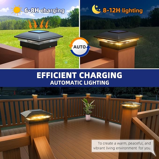 APONUO 12 Pack Fence Post Solar Lights, 2 Modes(Warm/Cool Light) Outdoor Waterproof 4x4 Post Solar Lights, Solar Powered Garden, Patio, Deck Decor for 4x4, 5x5, 5.5x5.5 Wood & Vinyl Posts, Black