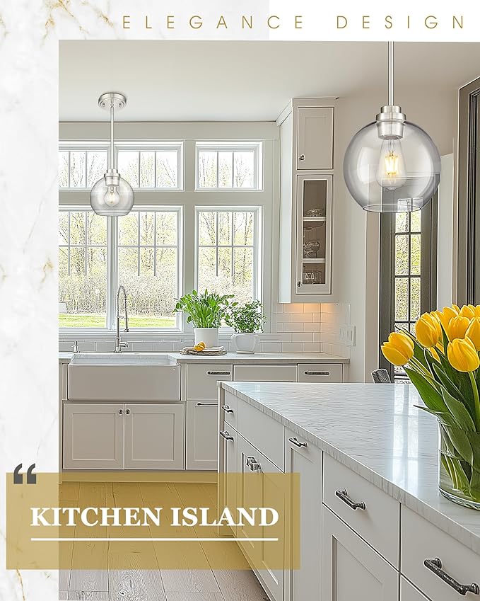 Pendant Lights Kitchen Island, 7" Modern Brushed Nickel Hanging Lights Fixtures with Clear Glass Globe Shade, Kitchen Island Lighting for Bathroom, AD-22280-1P-SN-C