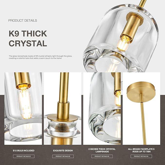 Brass Pendant Light Fixtures,5.1" Modern K9 Crystal Gold Pendant Lights for Kitchen Island Dining Room Living Room Bedroom Bathroom,E12 Bulb Included