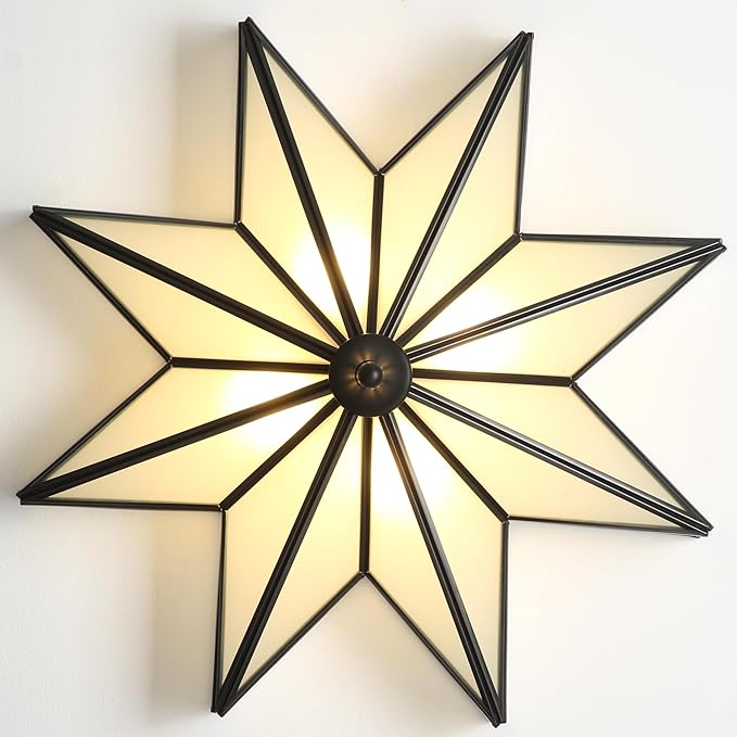 LIGHTLAND 19.7 Inch Flush Mount Star Ceiling Light, 4 Lights Brass Ceiling Lamp with Glass Lampshade, Art Deco Close to Ceiling Light Fixtures for Bedroom Living Room Entryway Hallway, Black