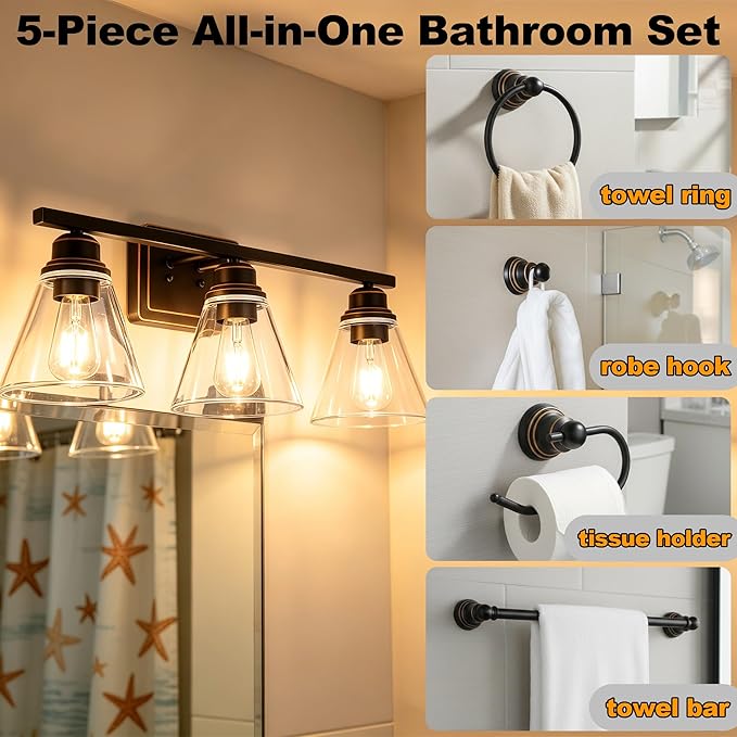Oil Rubbed Bronze 3-Light Bathroom Vanity Light and Accessories Kit, 5-Piece All-in-One Bathroom Light Set Includes Oil Rubbed Bronze 3-Light Vanity Light,Robe Hook,Tissue Holder,Towel Bar,Towel Ring