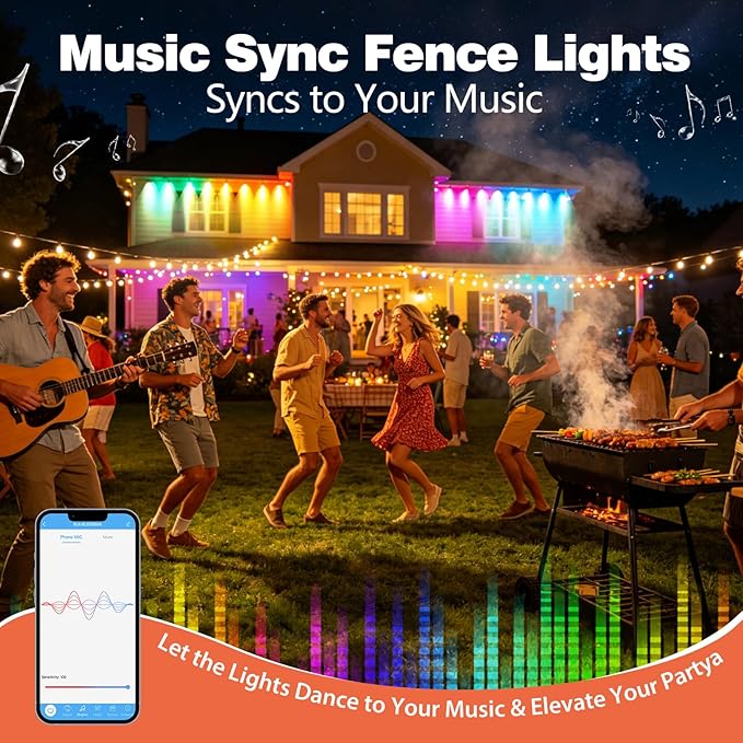 Outdoor Fence Lights Plug in, 50FT RGBIC LED Fence Lights with App & Remote Control, 100 Scene Modes, IP67 Waterproof for Backyard, Patio, Deck - Brighter Than Solar