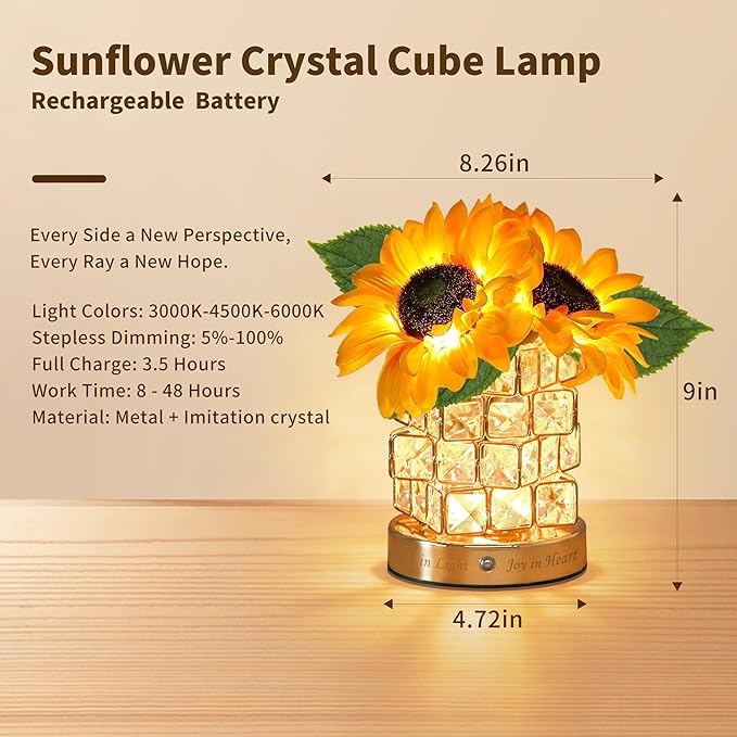 Sweet Mother’s Day Gifts Sunflower Crystal Cube Lamp,3 Color Dimmable Small Night Light, Rechargeable Cordless Touch Flower Table Lamp for Festival Restaurant Bedroom Bar Cafe Home Decor