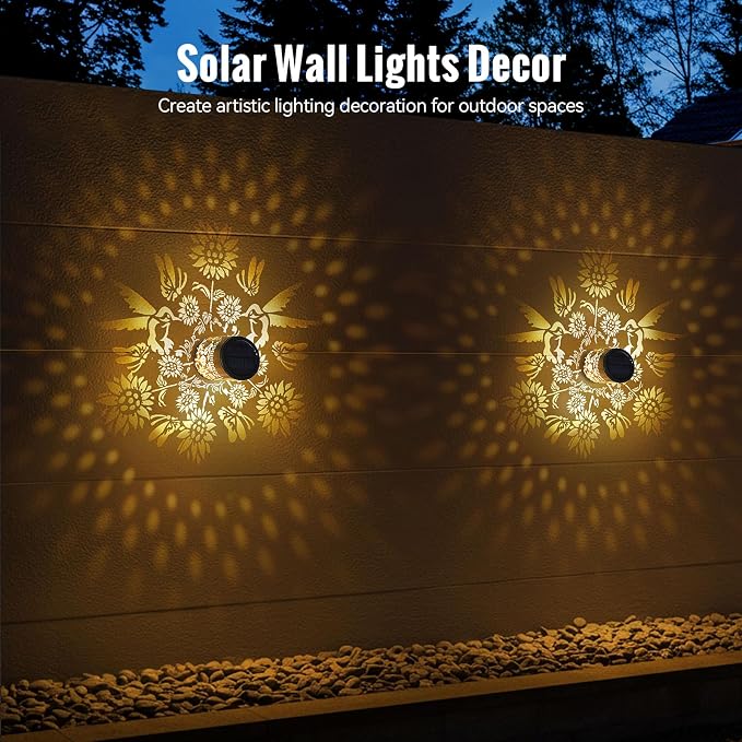 Solar Decorative Mandala Lights 2 Pack, Solar Fence Wall Step Deck Lights Outdoor Garden Decor with Hummingbird Sunflower Theme for Yard Art Porch Patio Backyard Garden Decor, Gifts for Mom Women