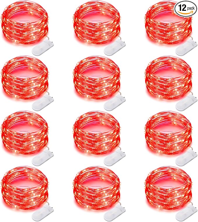 Yiaht 12 Pack Fairy Lights Battery Operated String Lights 7 Feet 20 Led Waterproof Christmas Lights Silver Wire Firefly Starry Moon Lights for Bedroom Red