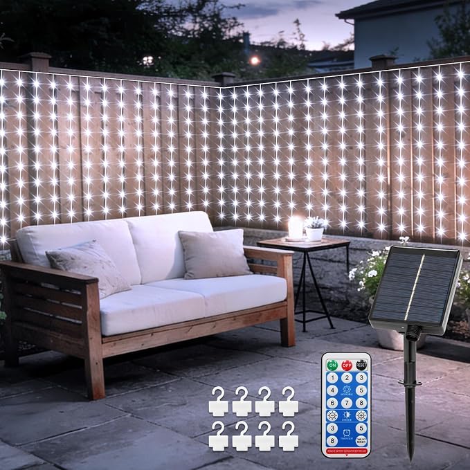 DBFAIRY Solar Curtain Lights 300 LED Outdoor Curtain Lights Waterproof | 19.6 x 3.9ft Solar Twinkle Curtain Lights with Remote Timer Dimmable for Garden Party Wedding Decór, Cool White