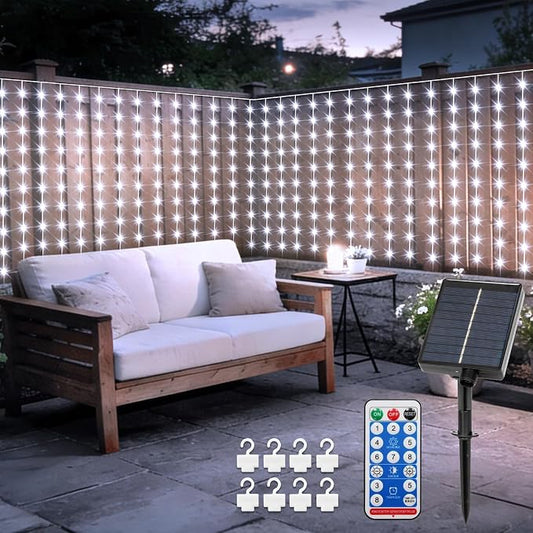 DBFAIRY Solar Curtain Lights 300 LED Outdoor Curtain Lights Waterproof | 19.6 x 3.9ft Solar Twinkle Curtain Lights with Remote Timer Dimmable for Garden Party Wedding Decór, Cool White