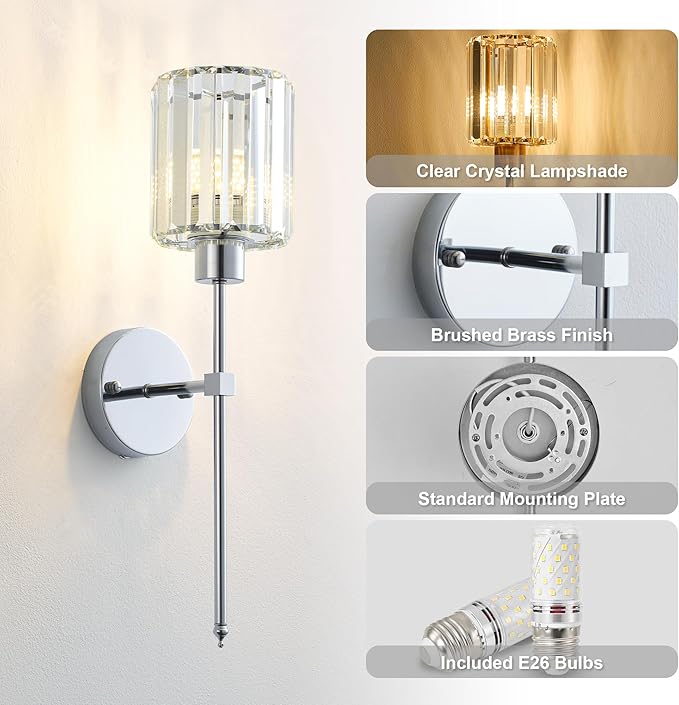 KARTOOSH Hardwired Crystal Wall Sconces Set of Two - Dimmable Wall Light Fixtures 3000K, Warm White, for Hallway, Bathroom, Living Room, Bedroom, Chrome, 20.1 Inch