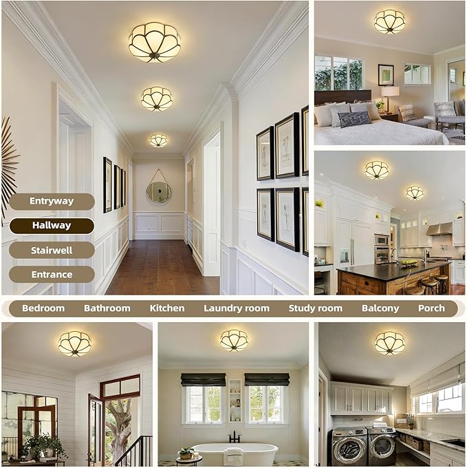 Vintage Black Glass Ceiling Light - Small 11.8 Inch Bronze Mid Century Flush Mount Lighting Fixtures - Art Deco Antique Modern Lamps for Hallway Bedroom Kitchen Entryway Farmhouse Foyer Bathroom Hall