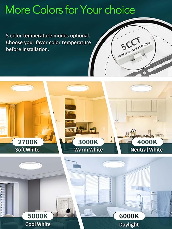 zouzai 3rd Gen Fireproof LED Flush Mount Ceiling Light, Dimmable 5CCT 2700K-6000K, 12 Inch 24W Ultra-Thin Round Lighting Fixture for Bedroom, lving Room, Bathroom, Kitchen, ETL Listed(12 inch 1 Pack)