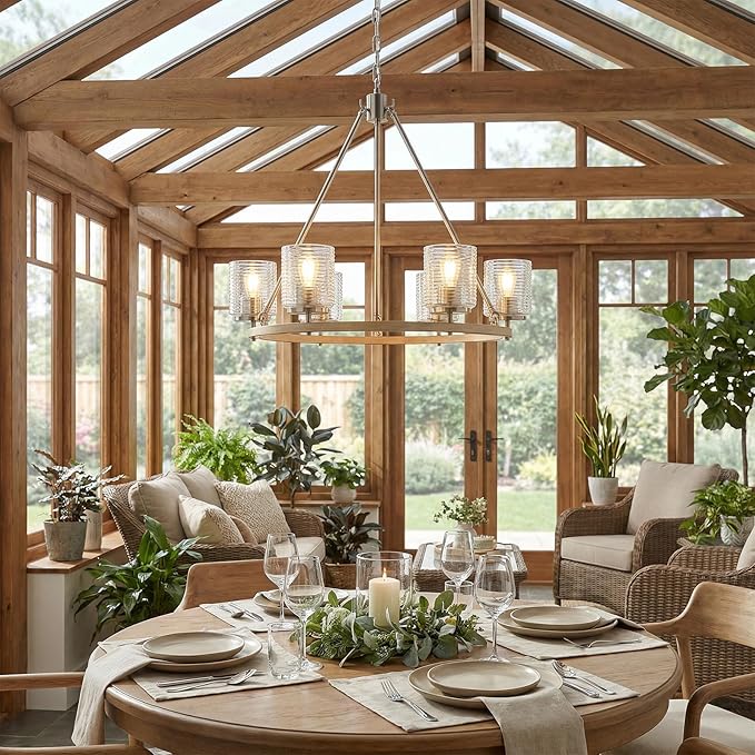 28.5" Wagon Wheel Chandelier, 6-Light Kitchen Chandelier with Wood Finish & Brushed Nickel, Modern Farmhouse Hanging Light Fixture for Dining Room, E26 Base, Bulb Not Included
