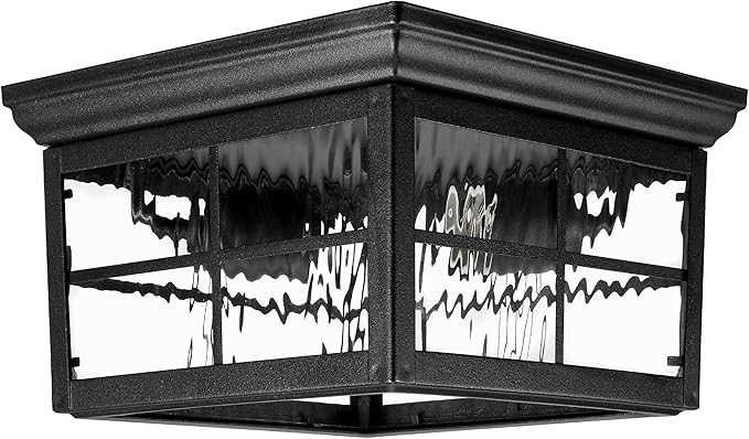Maxxima Outdoor Flush Mount Ceiling Light Fixture, Black w/Water Glass, 2-Light Square Farmhouse Porch or Patio Light, Close to Ceiling Entryway Outdoor Light, Bulbs Not Included