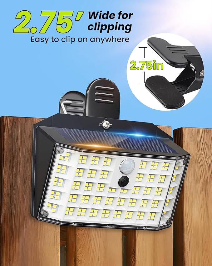 Clip on Solar Lights Outdoor with Motion Sensor, 600LM 176LED Solar Fence Lights Outdoor Waterproof, 3 Modes & Portable Security Lights for Chain Link Patio Deck Yard Garage(4Pack)