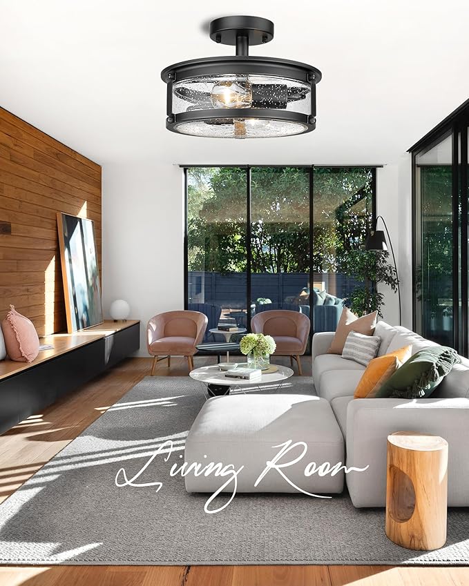 2-Light Semi Flush Mount Ceiling Light Fixture, Industrial Farmhouse Lighting, Black Matte Metal Hallway Ceiling Light with Seeded Glass for Bedroom,Living Room,Kitchen,Entryway,Dining Room