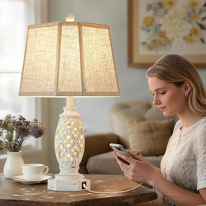 Lamps for Night Stands Set of 2-23.5" Bedside Lamp with USB A+C and Nightlight - Rustic Farmhouse Table Lamp for Bedrooms, End Tables, Living Room - French Country Decor, Bulbs Included, Cream
