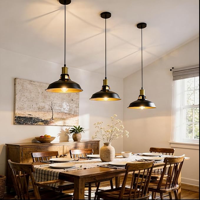 3 Light Pendant Lighting, Farmhouse Hanging Light Fixture for Kitchen Island & Dining Room, Industrial Vintage Ceiling Lamp with E26 Base, Adjustable Height, Black and Gold with Metal Shade