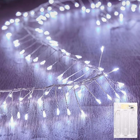 Fairy Lights Battery Operated, 10Feet 120LEDs Firecracker String Lights Waterproof Silver Wire Starry Firefly Light for DIY Wreath Home Wedding Indoor Outdoor Christmas Decorations, Pure White