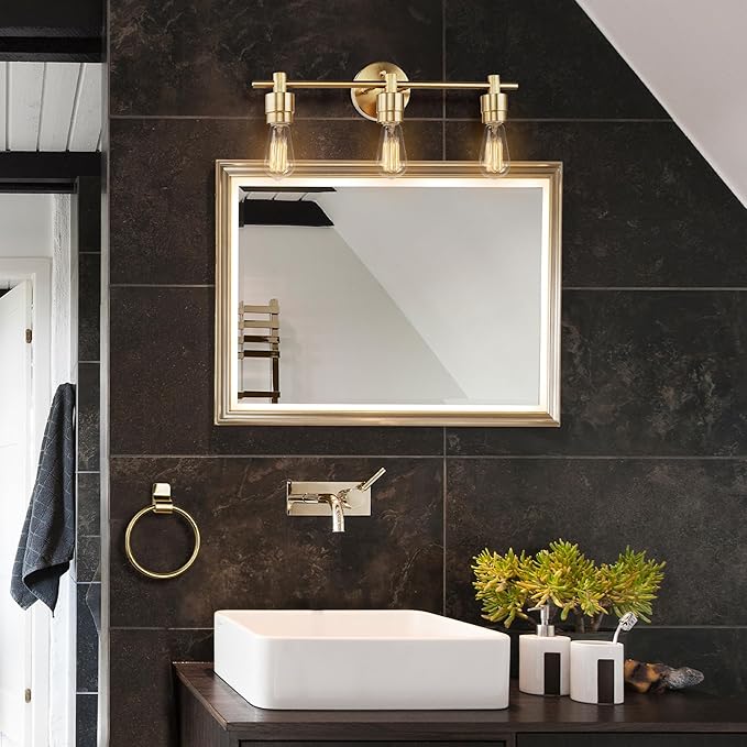 Globe Electric 51563 5-Piece Bathroom Accessory Set with 3-Light Vanity Fixture, Matte Brass Finish, Open Socket Design, Towel Bar, Towel Ring, Robe Hook, Toilet Paper Holder
