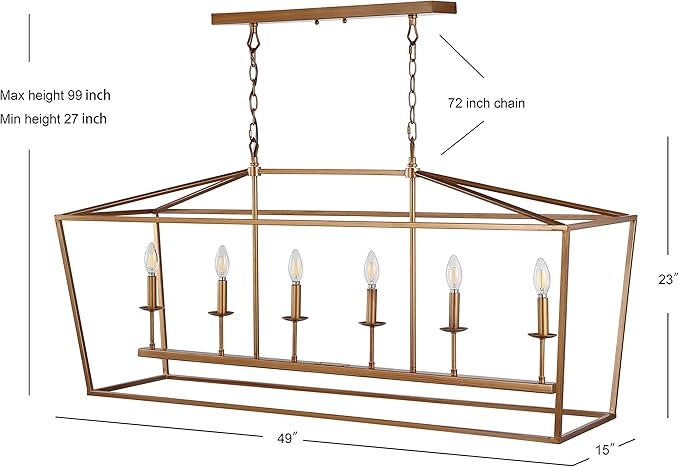 JONATHAN Y 49" Antique Gold Lantern Pendant Light, 6-Light Pagoda Style Metal Cage Farmhouse Hanging Ceiling Fixture for Kitchen Island, LED Bulb Included (JYL7439B)